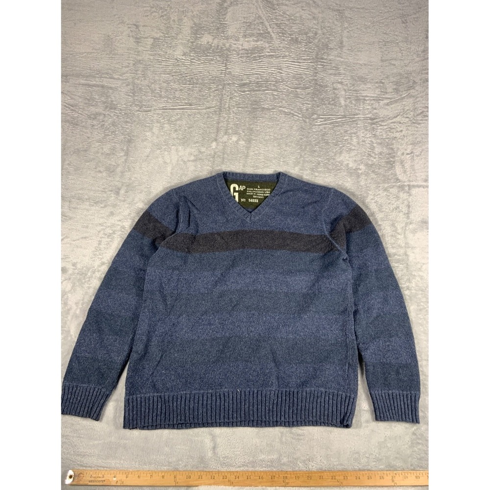 Gap Vintage Men Size L V-Neck Sweater Blue Gray Striped Knit Pullover